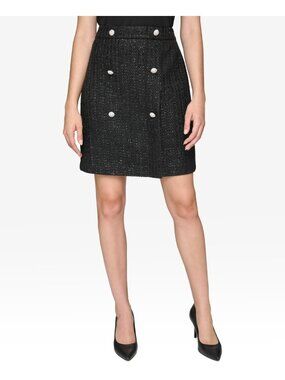 KARL LAGERFELD PARIS Women's Faux-Wrap Button-Trim Tweed Skirt Black Size 8 $119